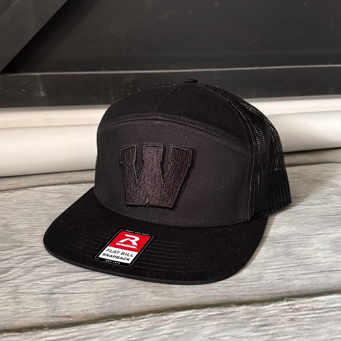 7 panel blackout Weddington hat flat bill embroidered W patch