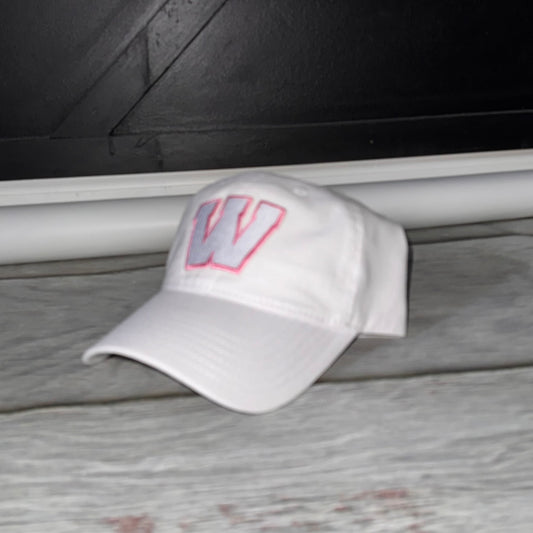 Pink out white and pink Weddington unstructured Trucker hat  embroidered W patch