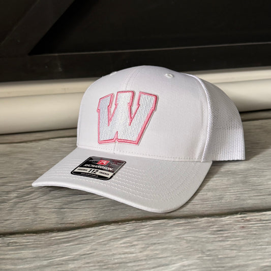 Pink out white and pink Weddington structured Trucker hat  embroidered W patch