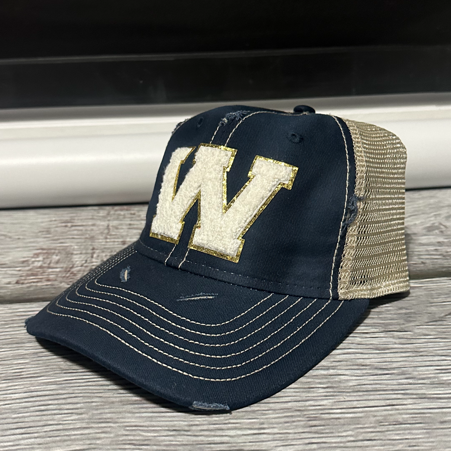 Distressed Navy Trucker hat  Chenille W